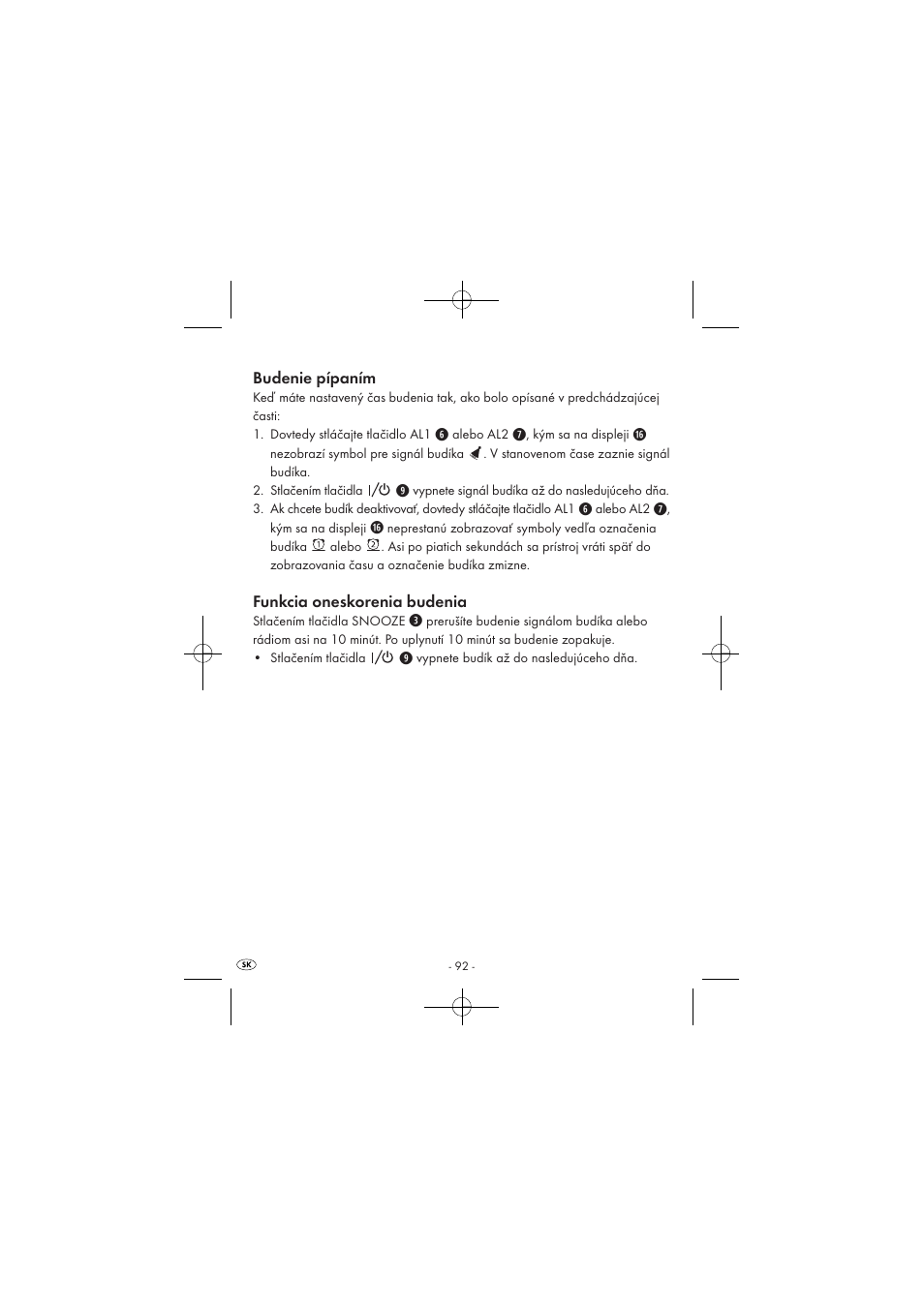 Budenie pípaním, Funkcia oneskorenia budenia | Silvercrest SPUV 90 A1 User Manual | Page 94 / 98