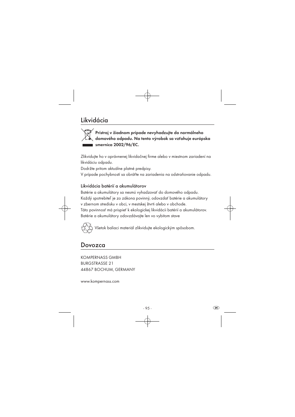 Likvidácia, Dovozca | Silvercrest SPUV 90 A1 User Manual | Page 97 / 98