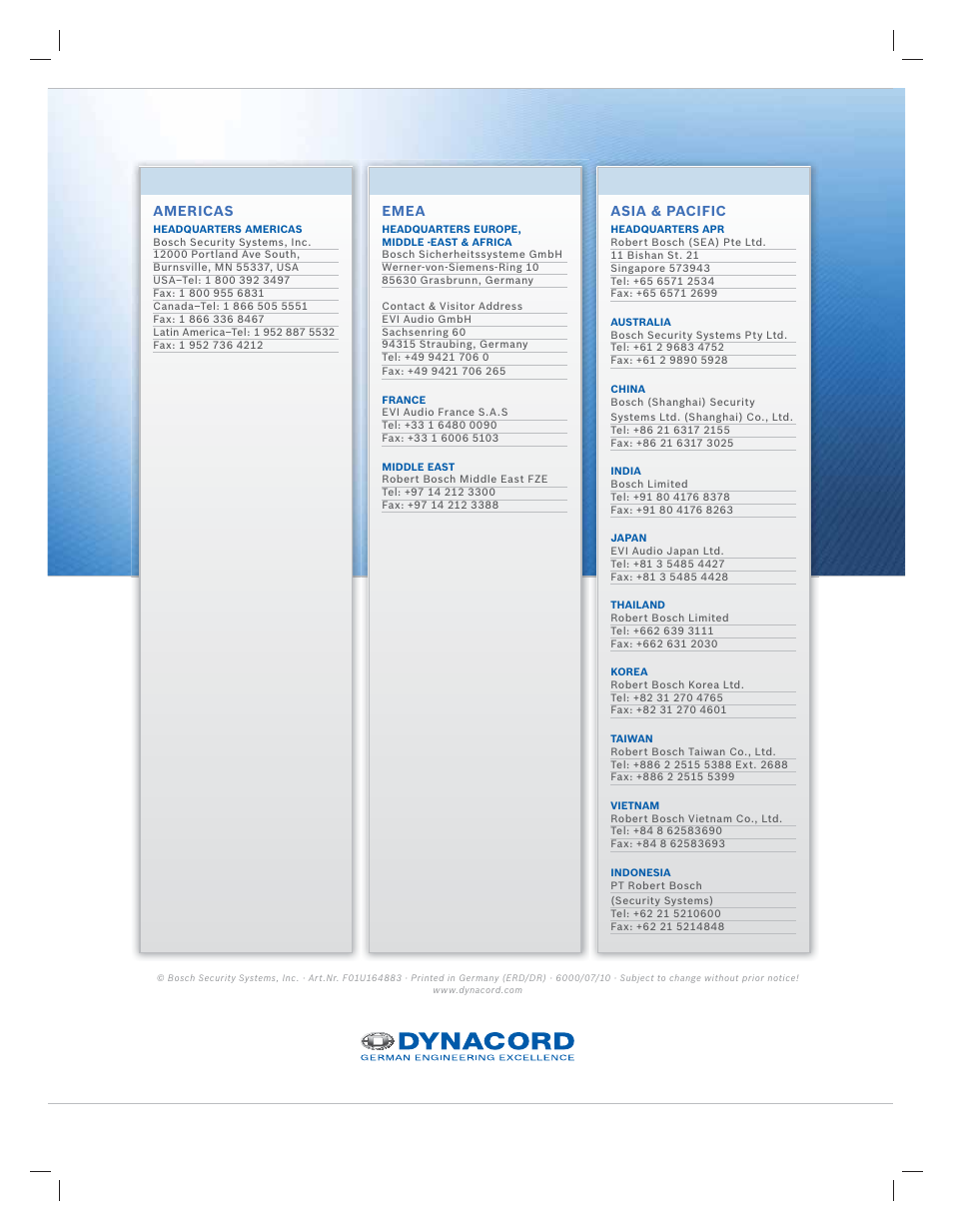 Americas, Emea, Asia & pacific | Dynacord Speaker User Manual | Page 120 / 120