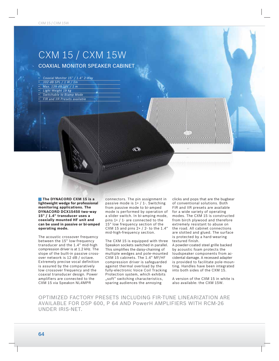 Cxm 15 / cxm 15w, Coaxial monitor speaker cabinet | Dynacord Speaker User Manual | Page 64 / 120