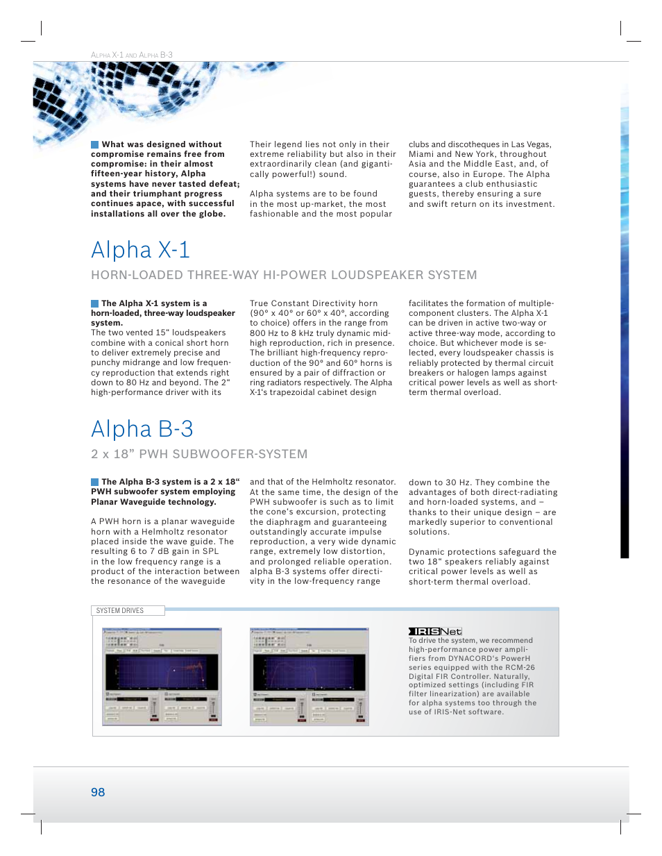 Alpha b-3, Alpha x-1, 2 x 18” pwh subwoofer-system | Horn-loaded three-way hi-power loudspeaker system | Dynacord Speaker User Manual | Page 98 / 120