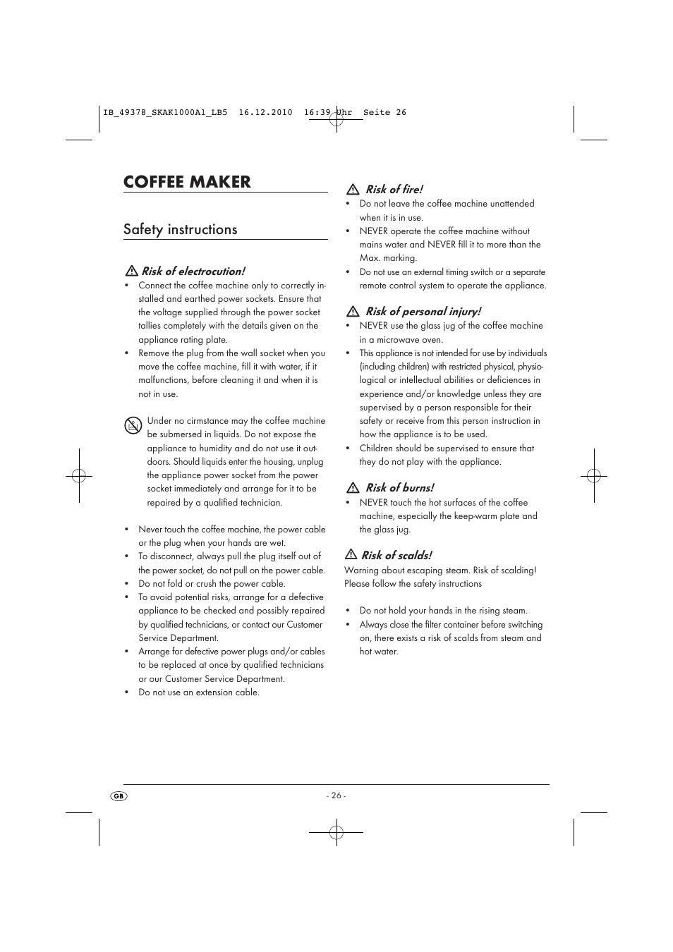 Coffee maker, Safety instructions, Risk of electrocution | Risk of fire, Risk of personal injury, Risk of burns, Risk of scalds | Silvercrest SKAK 1000 A1 User Manual | Page 28 / 42