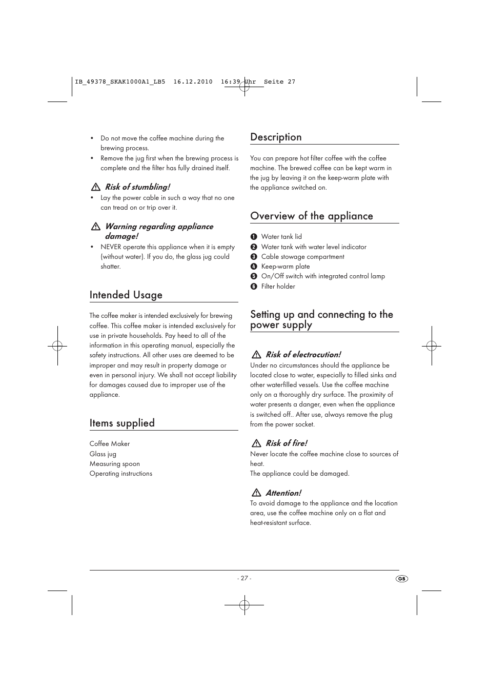 Intended usage, Items supplied, Description | Overview of the appliance, Setting up and connecting to the power supply | Silvercrest SKAK 1000 A1 User Manual | Page 29 / 42
