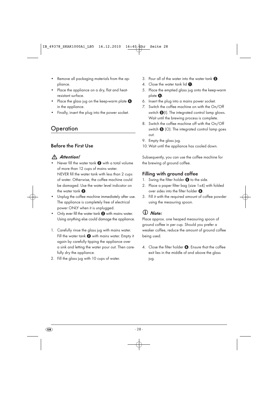 Operation, Before the first use attention, Filling with ground coffee | Silvercrest SKAK 1000 A1 User Manual | Page 30 / 42