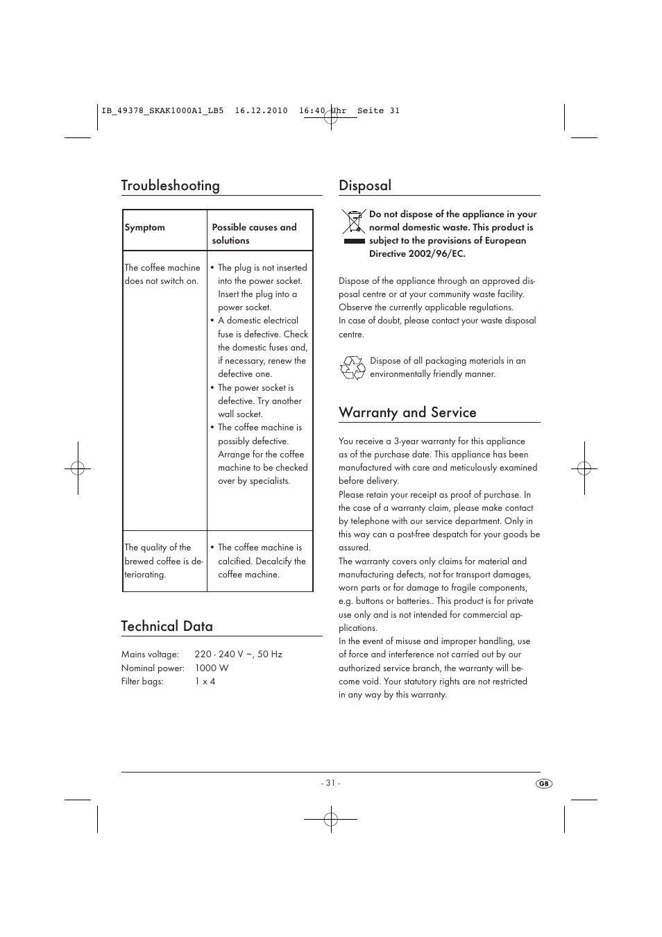 Troubleshooting technical data, Disposal, Warranty and service | Silvercrest SKAK 1000 A1 User Manual | Page 33 / 42