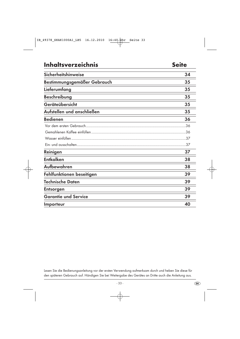 Inhaltsverzeichnis seite | Silvercrest SKAK 1000 A1 User Manual | Page 35 / 42