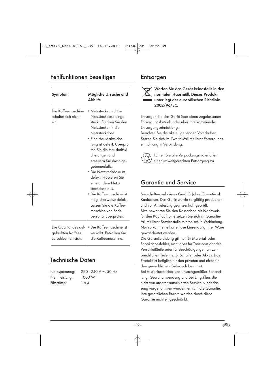 Fehlfunktionen beseitigen technische daten, Entsorgen, Garantie und service | Silvercrest SKAK 1000 A1 User Manual | Page 41 / 42