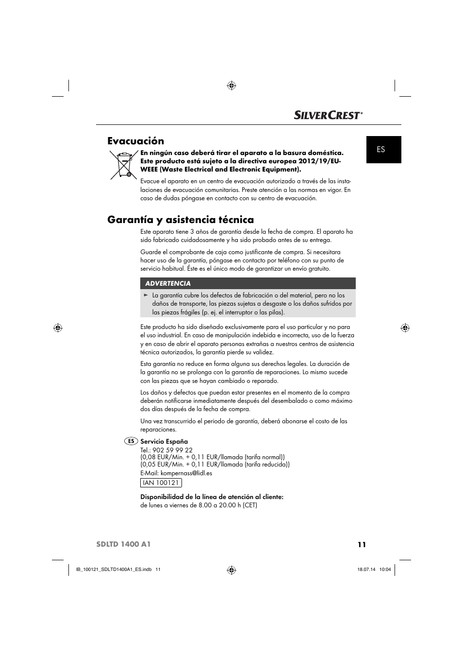 Evacuación, Garantía y asistencia técnica | Silvercrest SDLTD 1400 A1 User Manual | Page 14 / 40