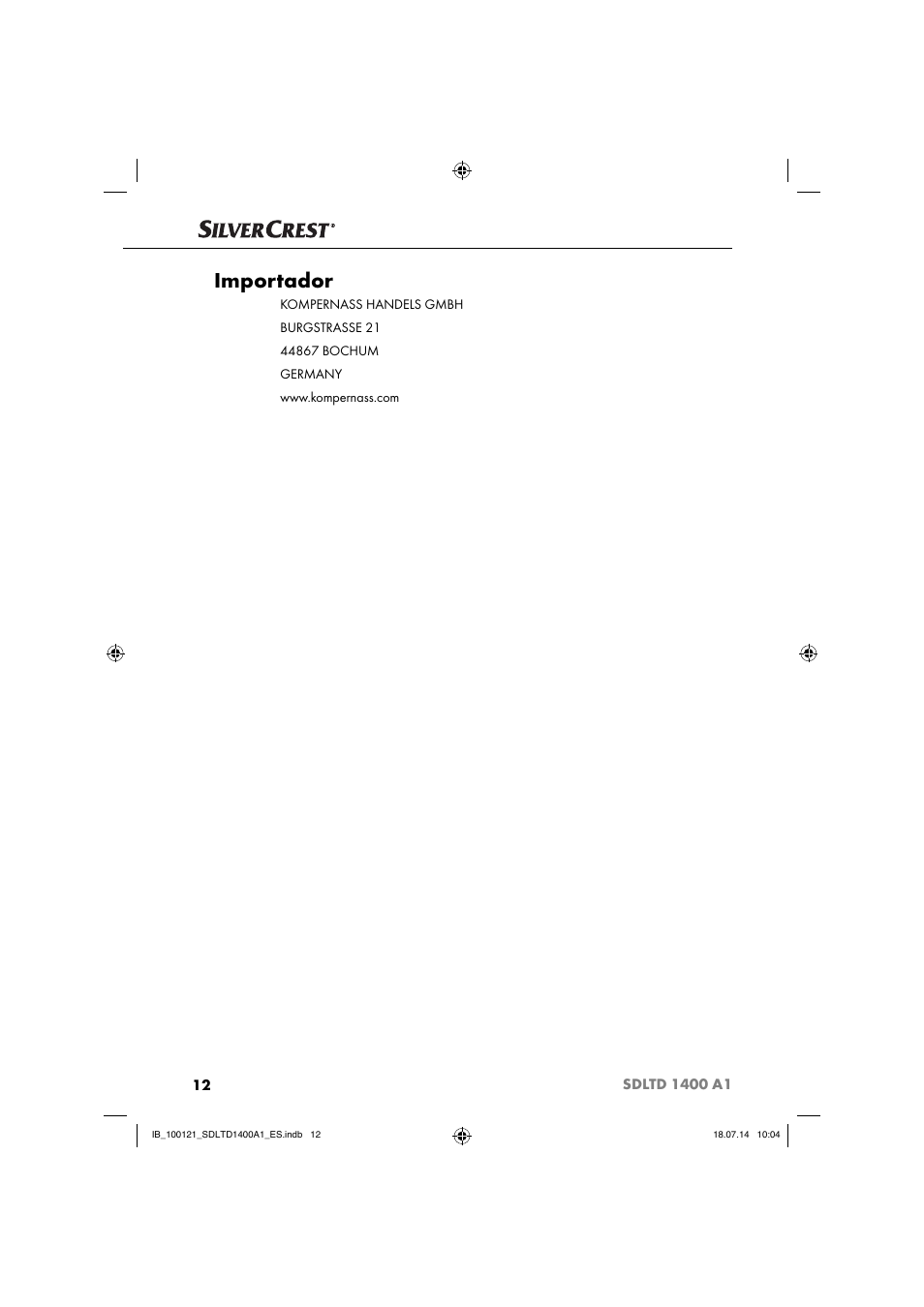 Importador | Silvercrest SDLTD 1400 A1 User Manual | Page 15 / 40