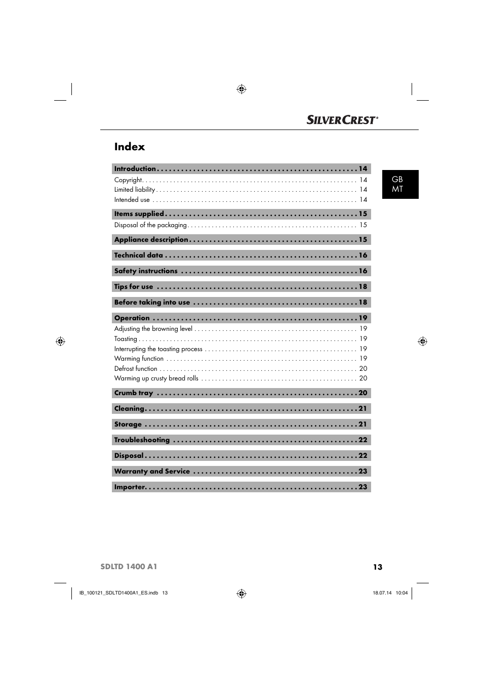 Index, Gb mt | Silvercrest SDLTD 1400 A1 User Manual | Page 16 / 40