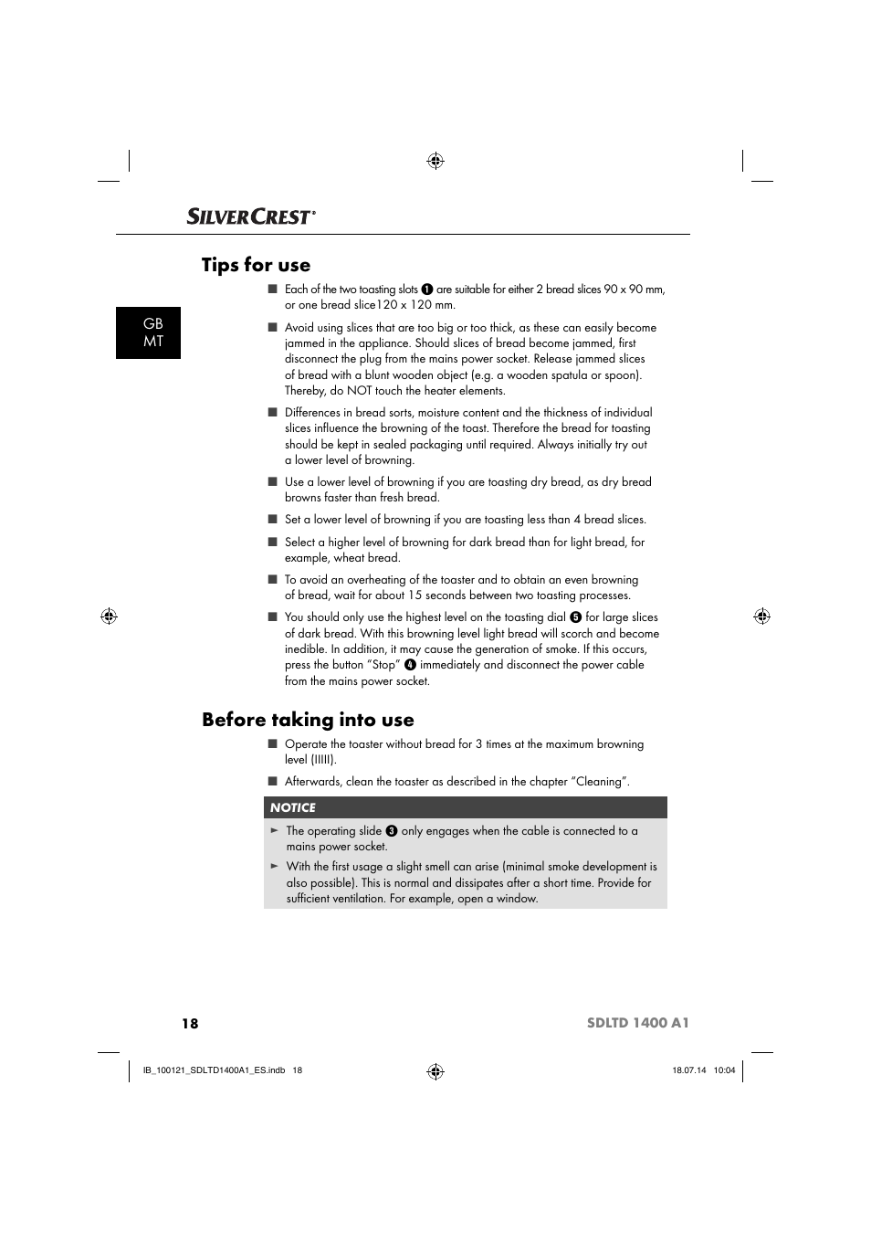 Tips for use, Before taking into use, Gb mt | Silvercrest SDLTD 1400 A1 User Manual | Page 21 / 40