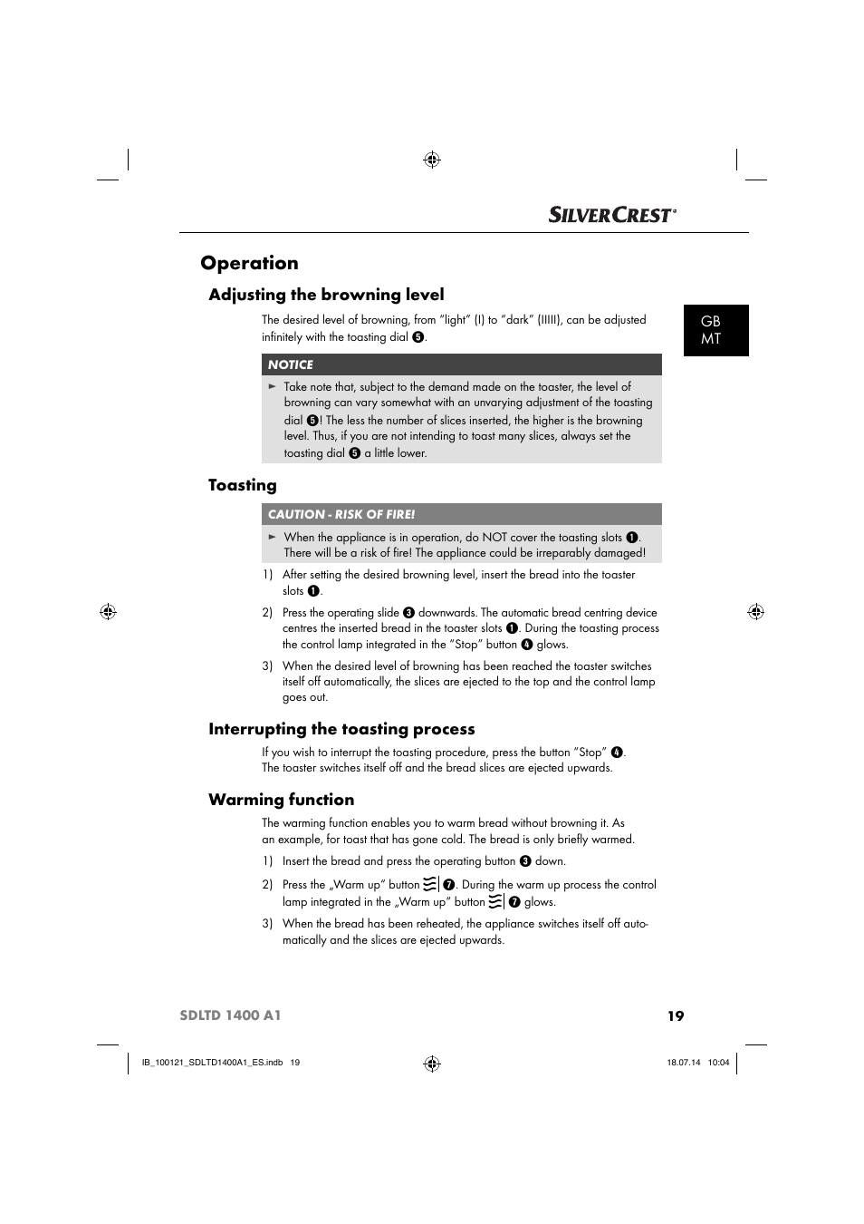 Operation, Adjusting the browning level, Toasting | Interrupting the toasting process, Warming function, Gb mt | Silvercrest SDLTD 1400 A1 User Manual | Page 22 / 40