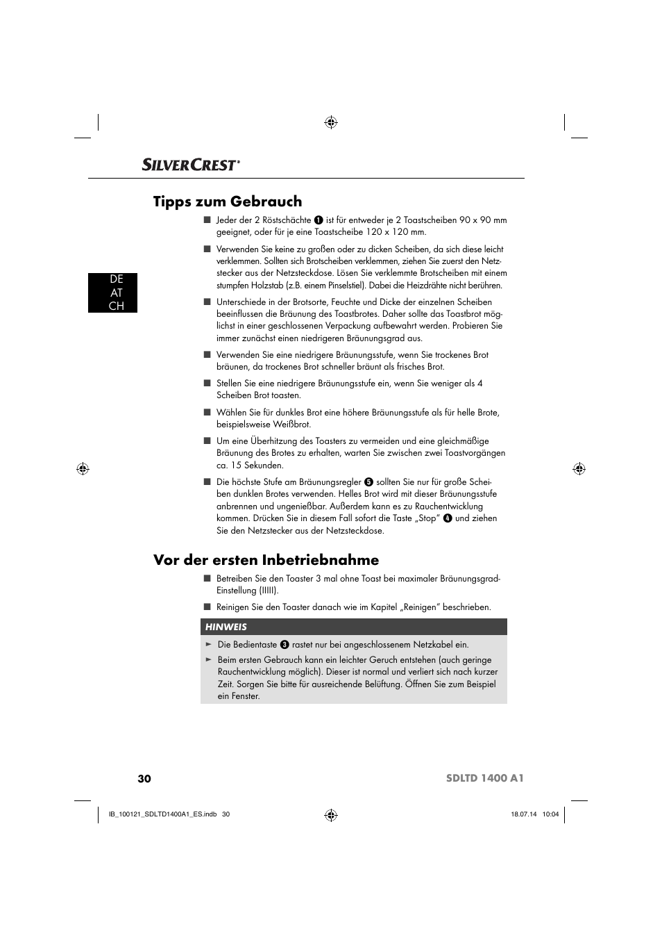 Tipps zum gebrauch, Vor der ersten inbetriebnahme, De at ch | Silvercrest SDLTD 1400 A1 User Manual | Page 33 / 40