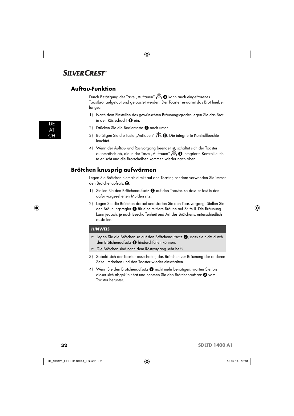 Auftau-funktion, Brötchen knusprig aufwärmen, De at ch | Silvercrest SDLTD 1400 A1 User Manual | Page 35 / 40