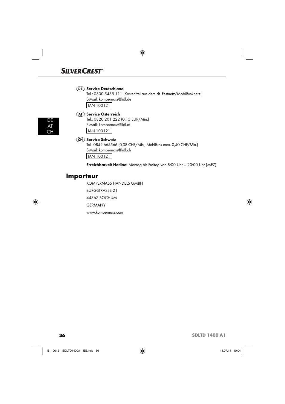 Importeur, De at ch | Silvercrest SDLTD 1400 A1 User Manual | Page 39 / 40