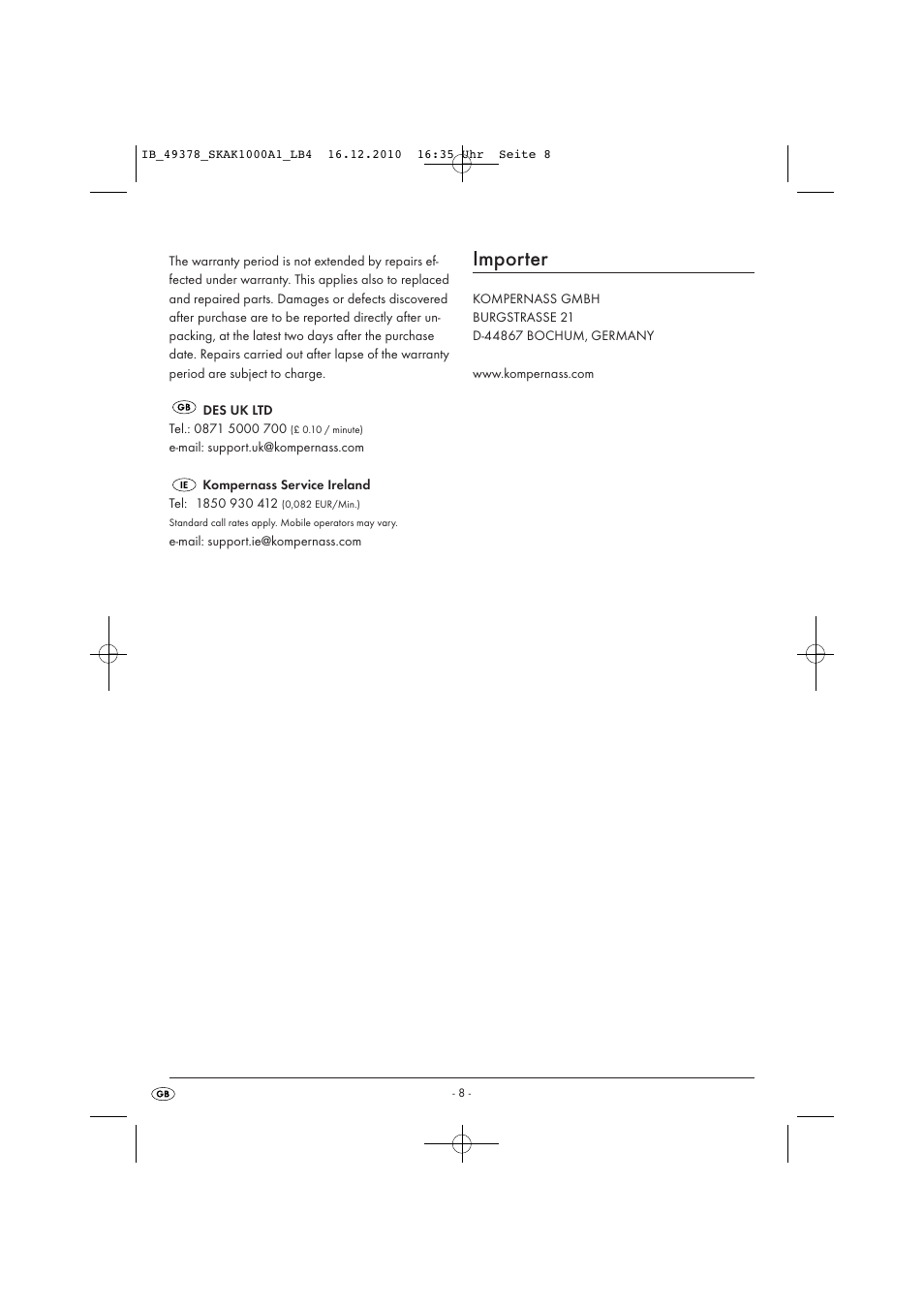 Importer | Silvercrest SKAK 1000 A1 User Manual | Page 10 / 66