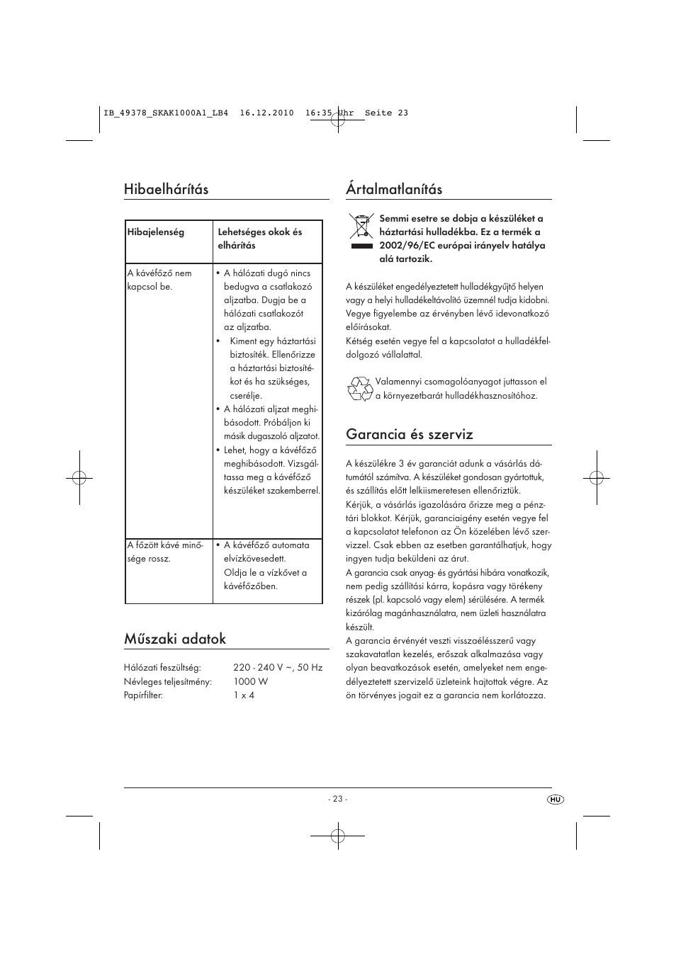 Hibaelhárítás műszaki adatok, Ártalmatlanítás, Garancia és szerviz | Silvercrest SKAK 1000 A1 User Manual | Page 25 / 66