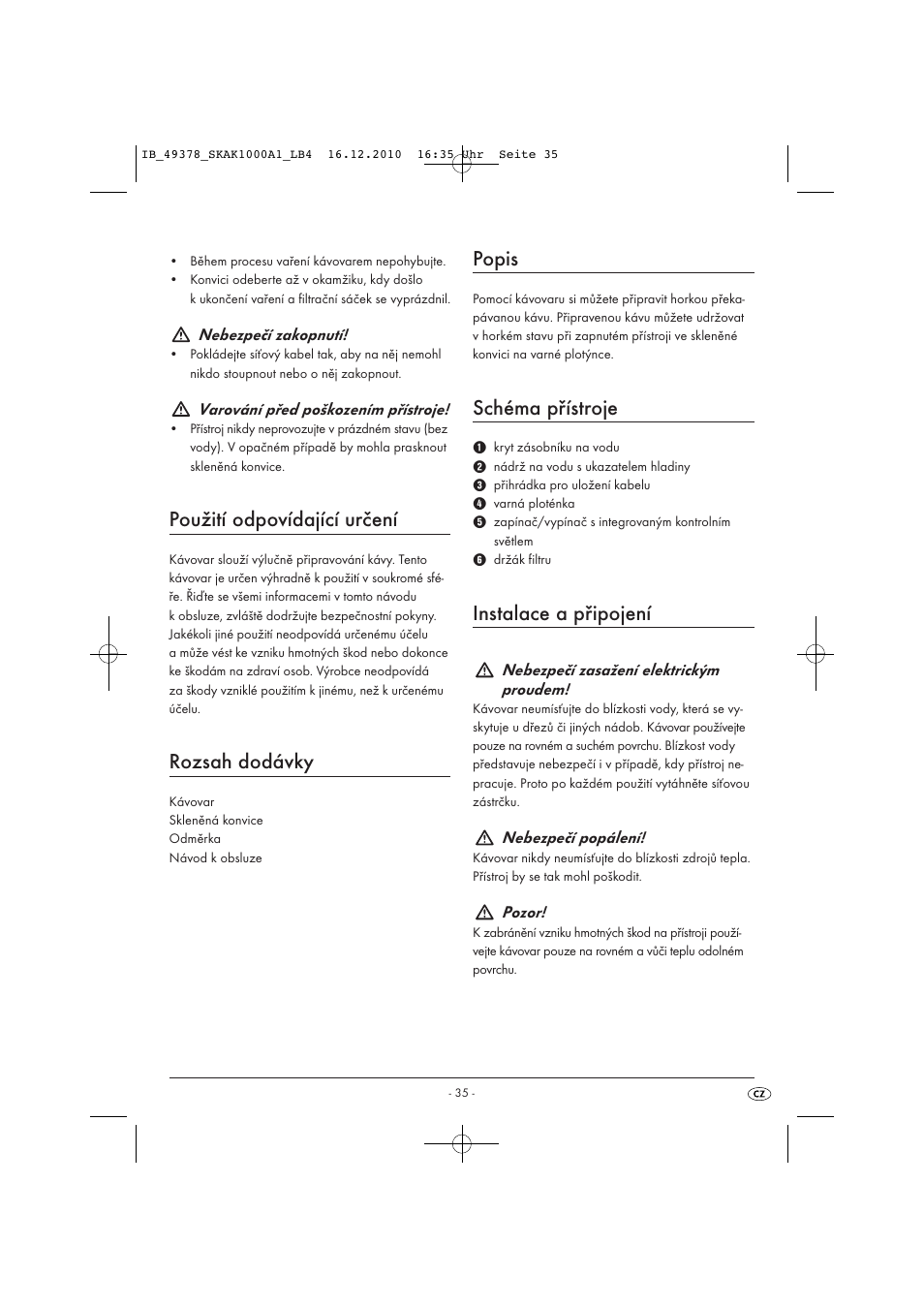 Použití odpovídající určení, Rozsah dodávky, Popis | Schéma přístroje, Instalace a připojení | Silvercrest SKAK 1000 A1 User Manual | Page 37 / 66