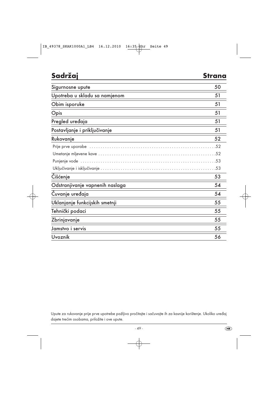 Sadrˇ zaj strana | Silvercrest SKAK 1000 A1 User Manual | Page 51 / 66