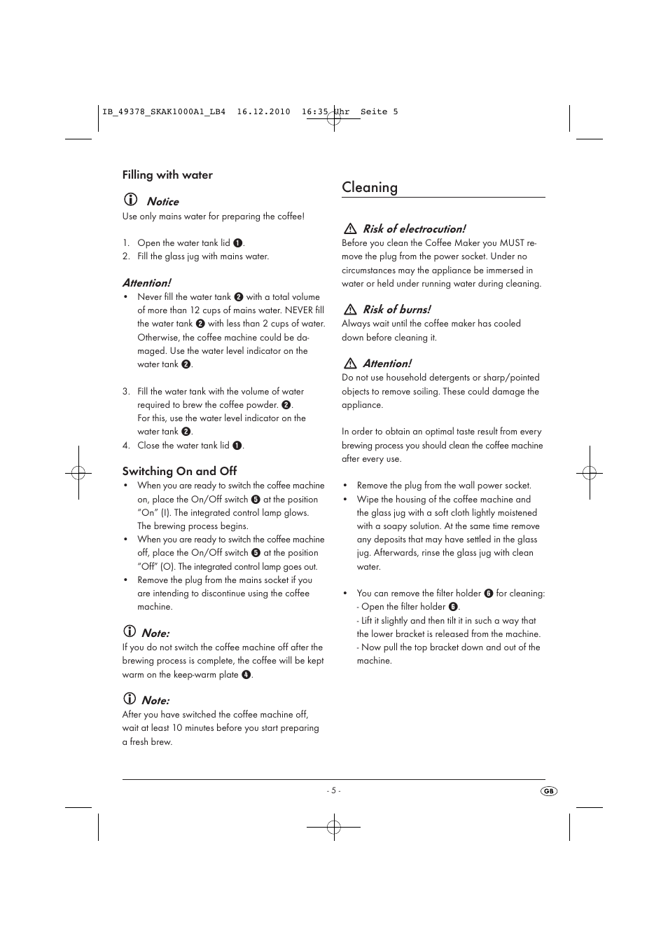 Cleaning, Filling with water notice, Attention | Switching on and off, Risk of electrocution, Risk of burns | Silvercrest SKAK 1000 A1 User Manual | Page 7 / 66