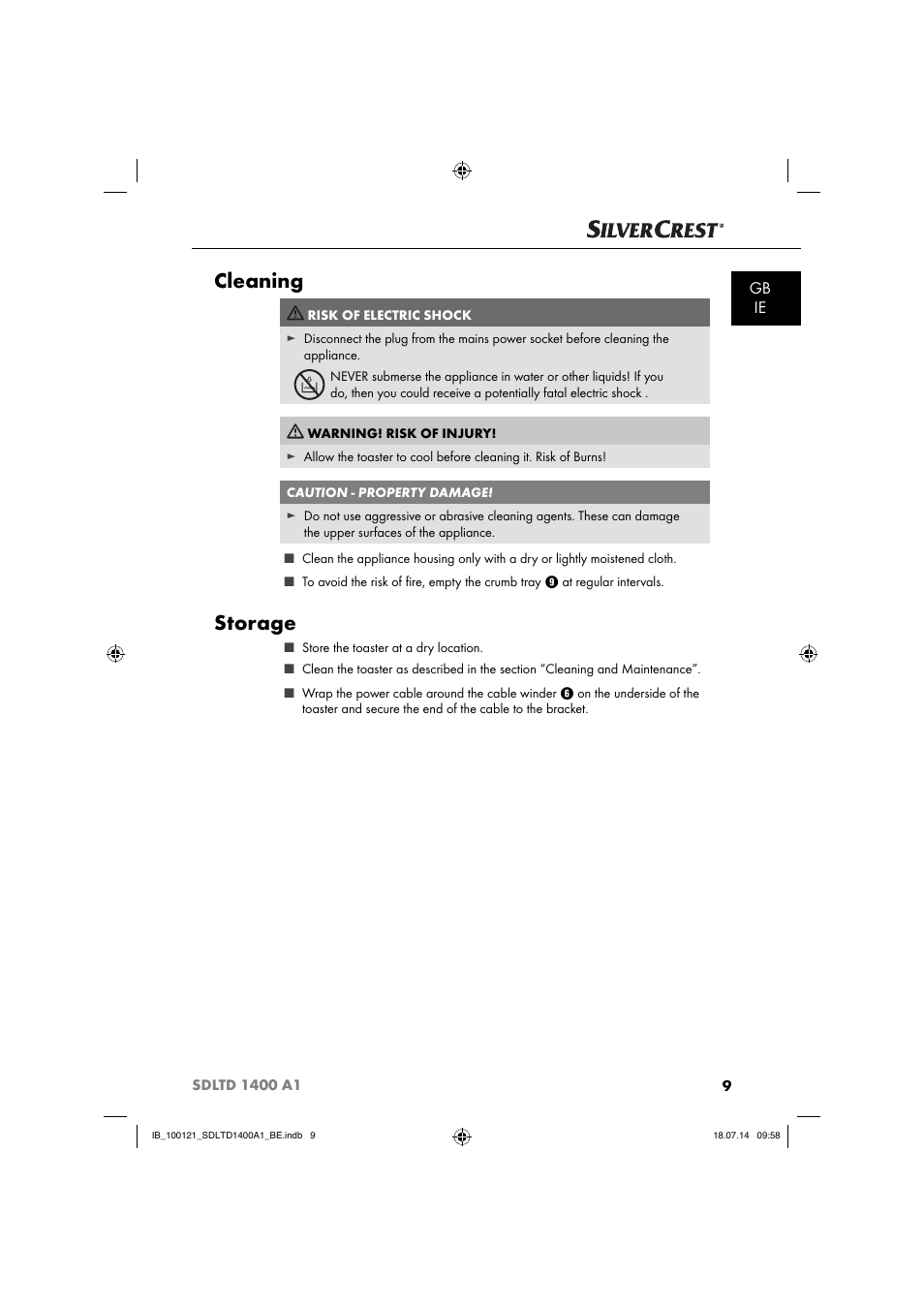 Cleaning, Storage, Gb ie | Silvercrest SDLTD 1400 A1 User Manual | Page 12 / 52