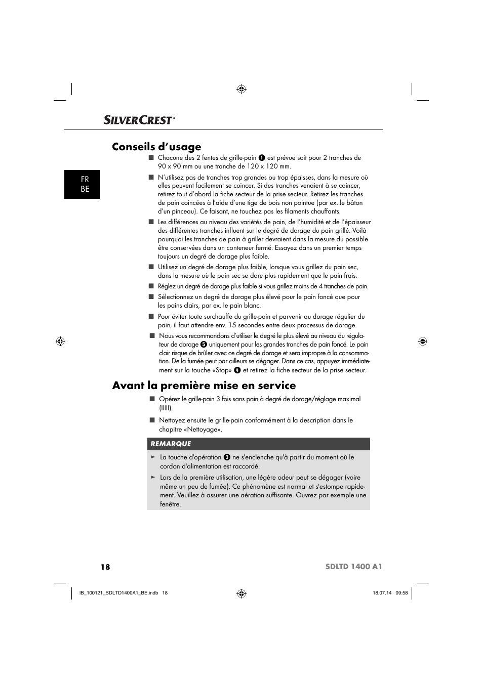 Avant la première mise en service, Conseils d’usage, Fr be | Silvercrest SDLTD 1400 A1 User Manual | Page 21 / 52