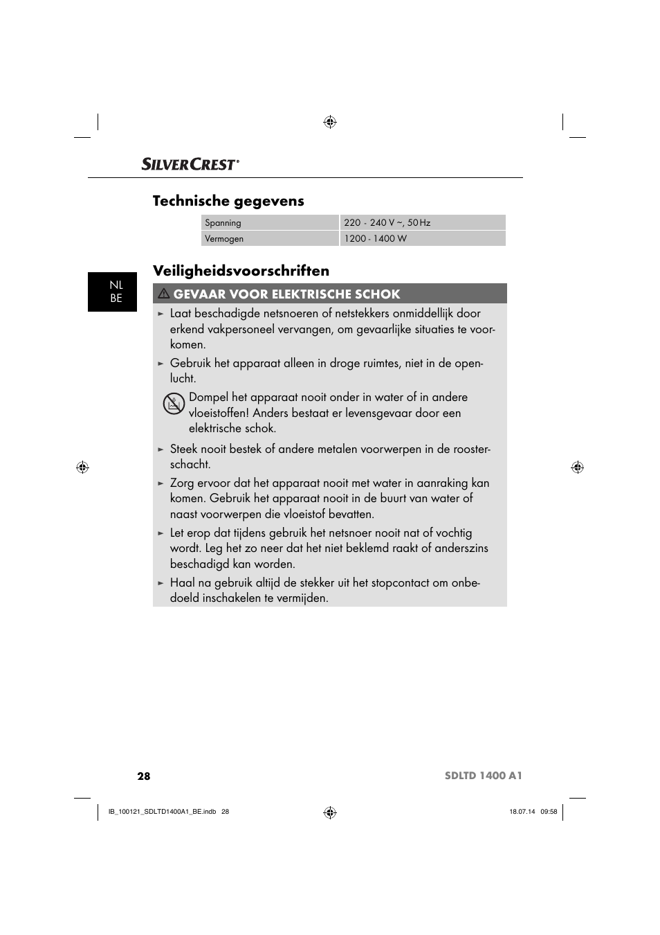 Technische gegevens, Veiligheidsvoorschriften, Gevaar voor elektrische schok | Silvercrest SDLTD 1400 A1 User Manual | Page 31 / 52