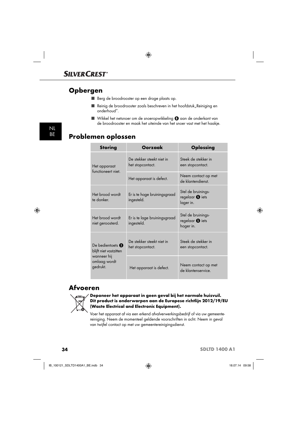 Opbergen, Problemen oplossen, Afvoeren | Nl be | Silvercrest SDLTD 1400 A1 User Manual | Page 37 / 52