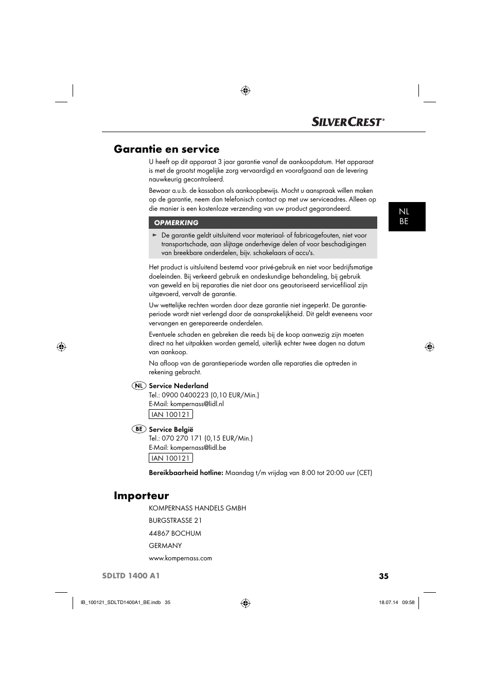 Garantie en service, Importeur, Nl be | Silvercrest SDLTD 1400 A1 User Manual | Page 38 / 52