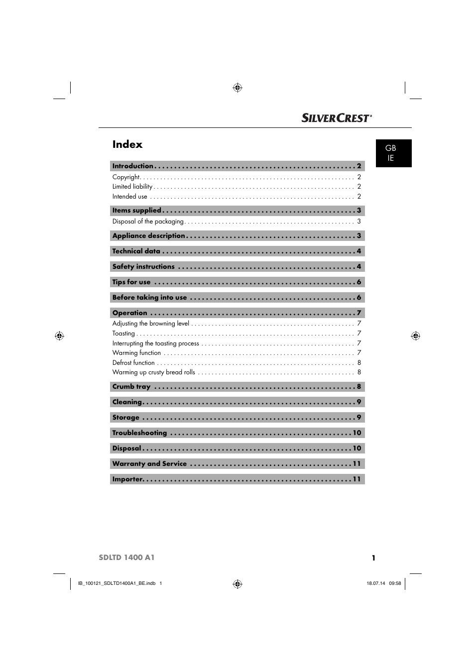 Index, Gb ie | Silvercrest SDLTD 1400 A1 User Manual | Page 4 / 52