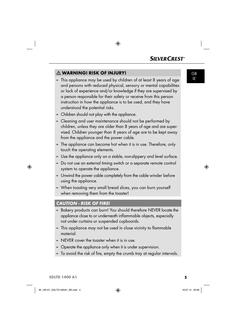 Warning! risk of injury, Children should not play with the appliance, Never cover the toaster when it is in use | Silvercrest SDLTD 1400 A1 User Manual | Page 8 / 52