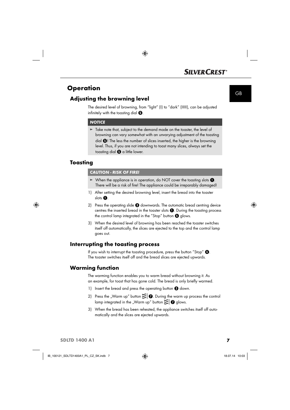 Operation, Adjusting the browning level, Toasting | Interrupting the toasting process, Warming function | Silvercrest SDLTD 1400 A1 User Manual | Page 10 / 64