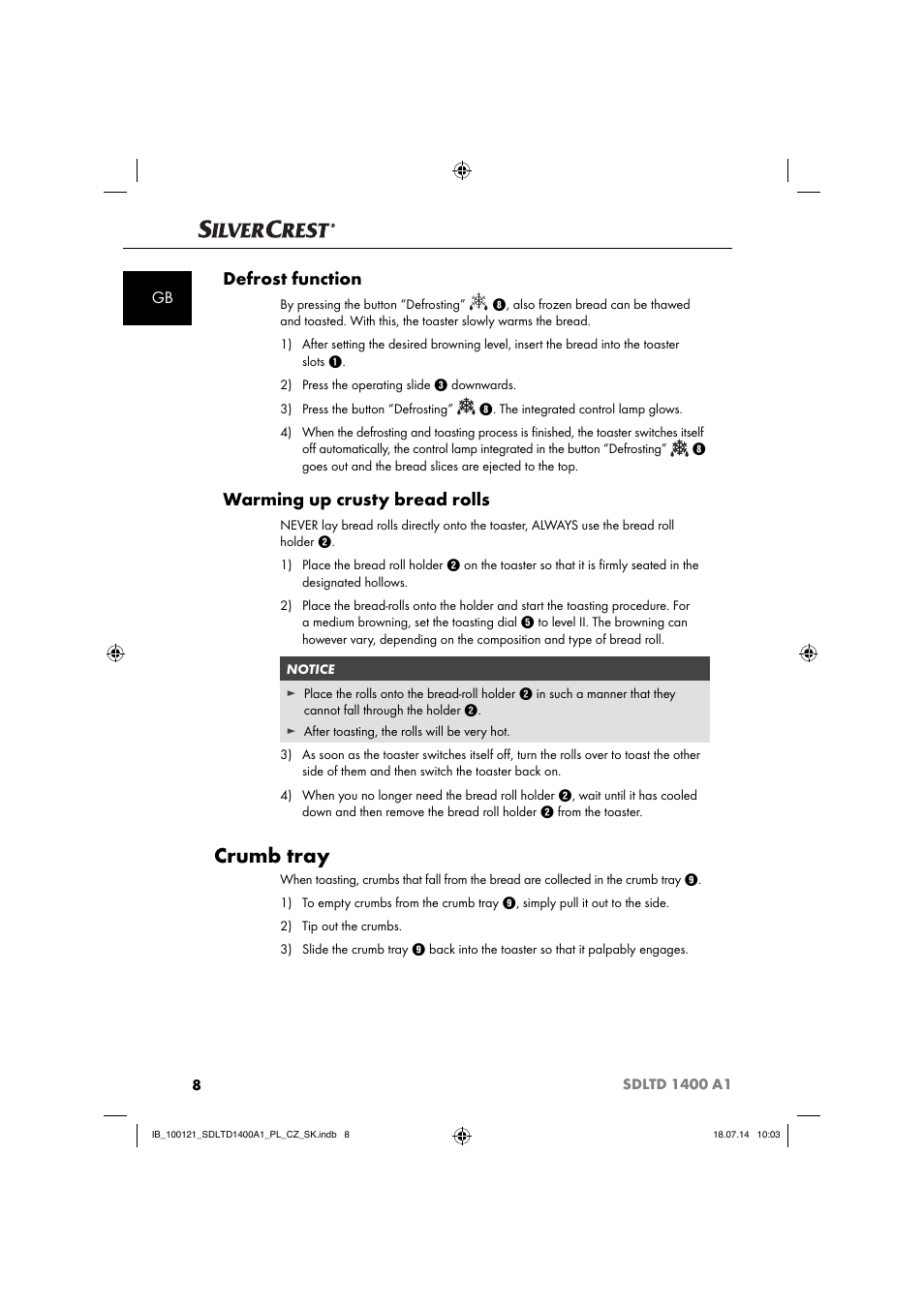 Crumb tray, Defrost function, Warming up crusty bread rolls | Silvercrest SDLTD 1400 A1 User Manual | Page 11 / 64