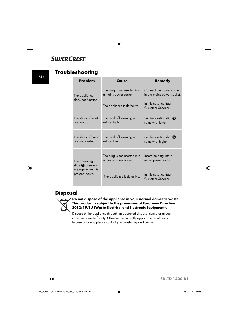 Troubleshooting, Disposal | Silvercrest SDLTD 1400 A1 User Manual | Page 13 / 64