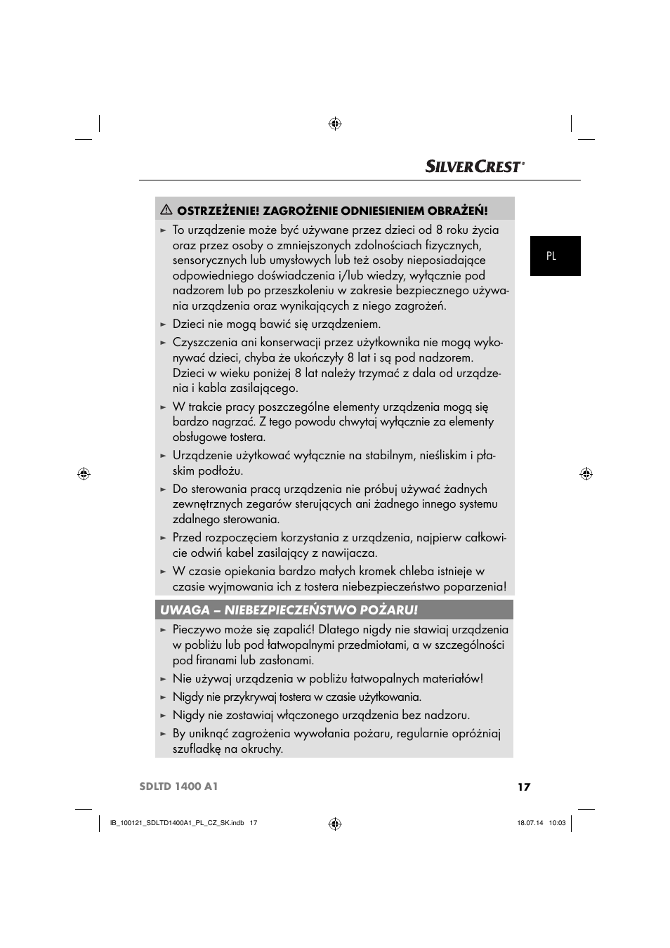 Dzieci nie mogą bawić się urządzeniem, Nigdy nie przykrywaj tostera w czasie użytkowania | Silvercrest SDLTD 1400 A1 User Manual | Page 20 / 64