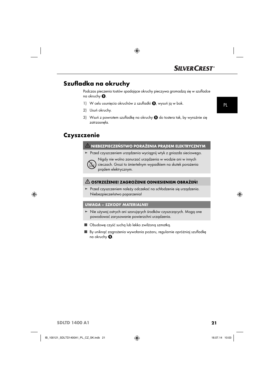 Szuﬂ adka na okruchy, Czyszczenie | Silvercrest SDLTD 1400 A1 User Manual | Page 24 / 64