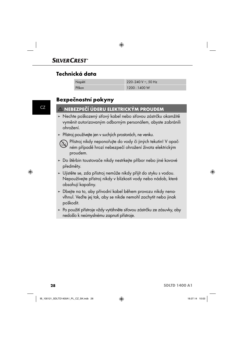 Technická data, Bezpečnostní pokyny, Nebezpečí úderu elektrickým proudem | Silvercrest SDLTD 1400 A1 User Manual | Page 31 / 64