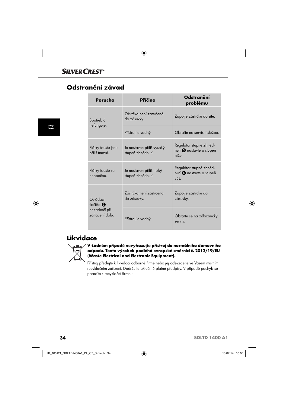 Odstranění závad, Likvidace | Silvercrest SDLTD 1400 A1 User Manual | Page 37 / 64