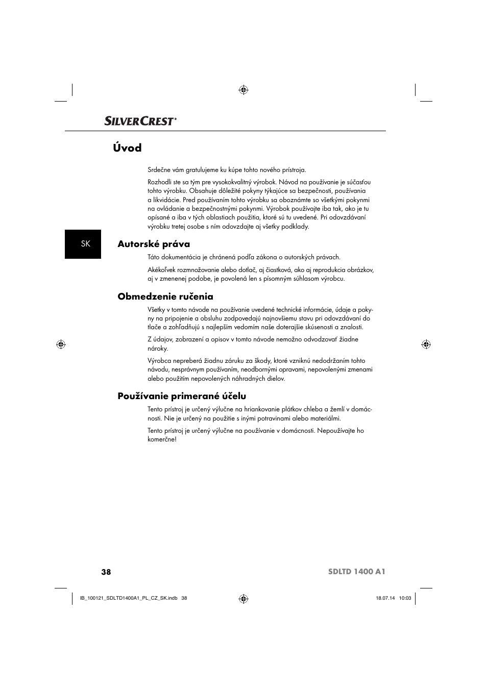 Úvod, Autorské práva, Obmedzenie ručenia | Používanie primerané účelu | Silvercrest SDLTD 1400 A1 User Manual | Page 41 / 64