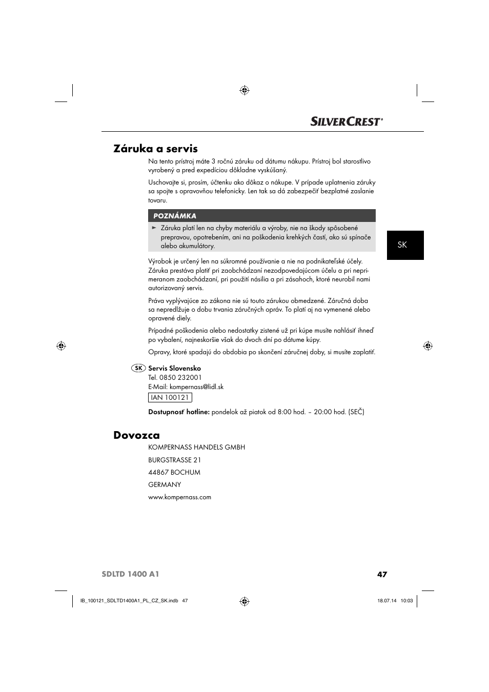 Záruka a servis, Dovozca | Silvercrest SDLTD 1400 A1 User Manual | Page 50 / 64