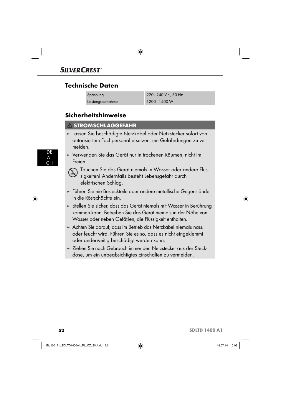 Technische daten, Sicherheitshinweise, Stromschlaggefahr | Silvercrest SDLTD 1400 A1 User Manual | Page 55 / 64