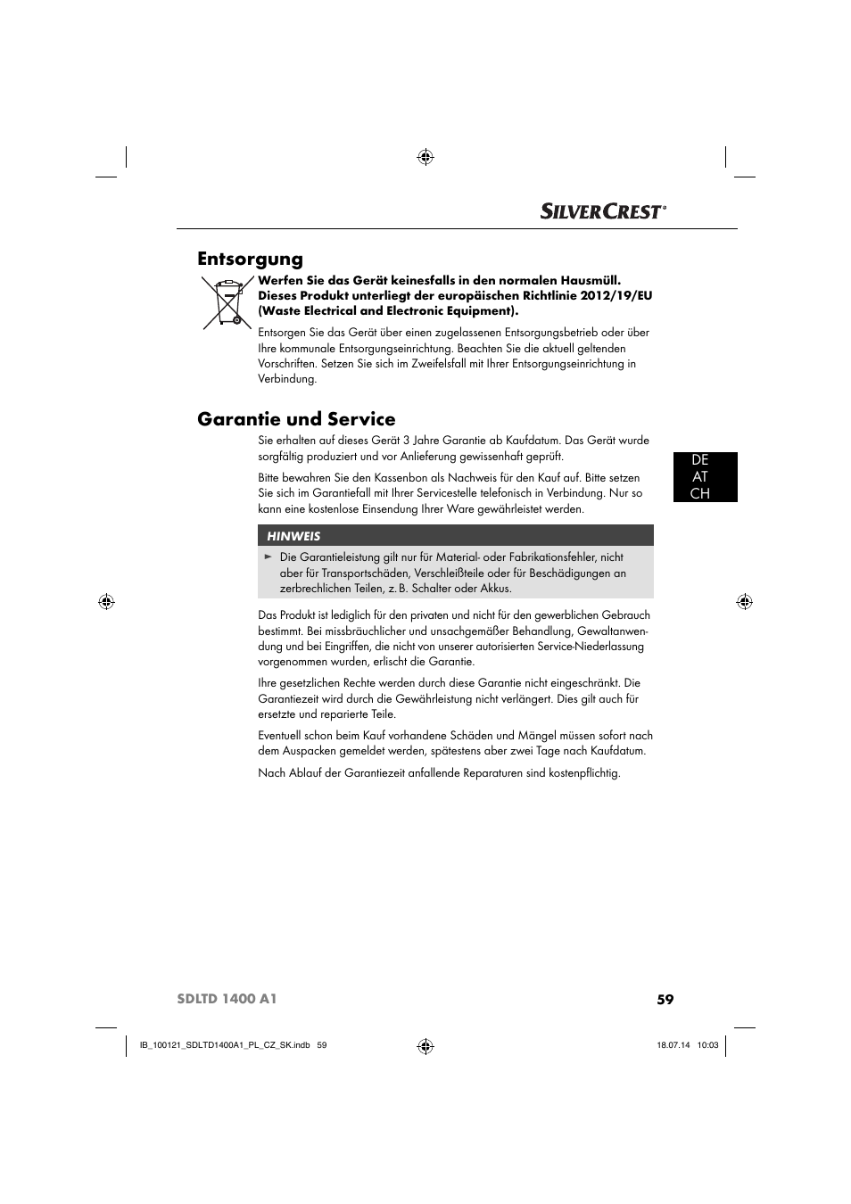 Entsorgung, Garantie und service, De at ch | Silvercrest SDLTD 1400 A1 User Manual | Page 62 / 64