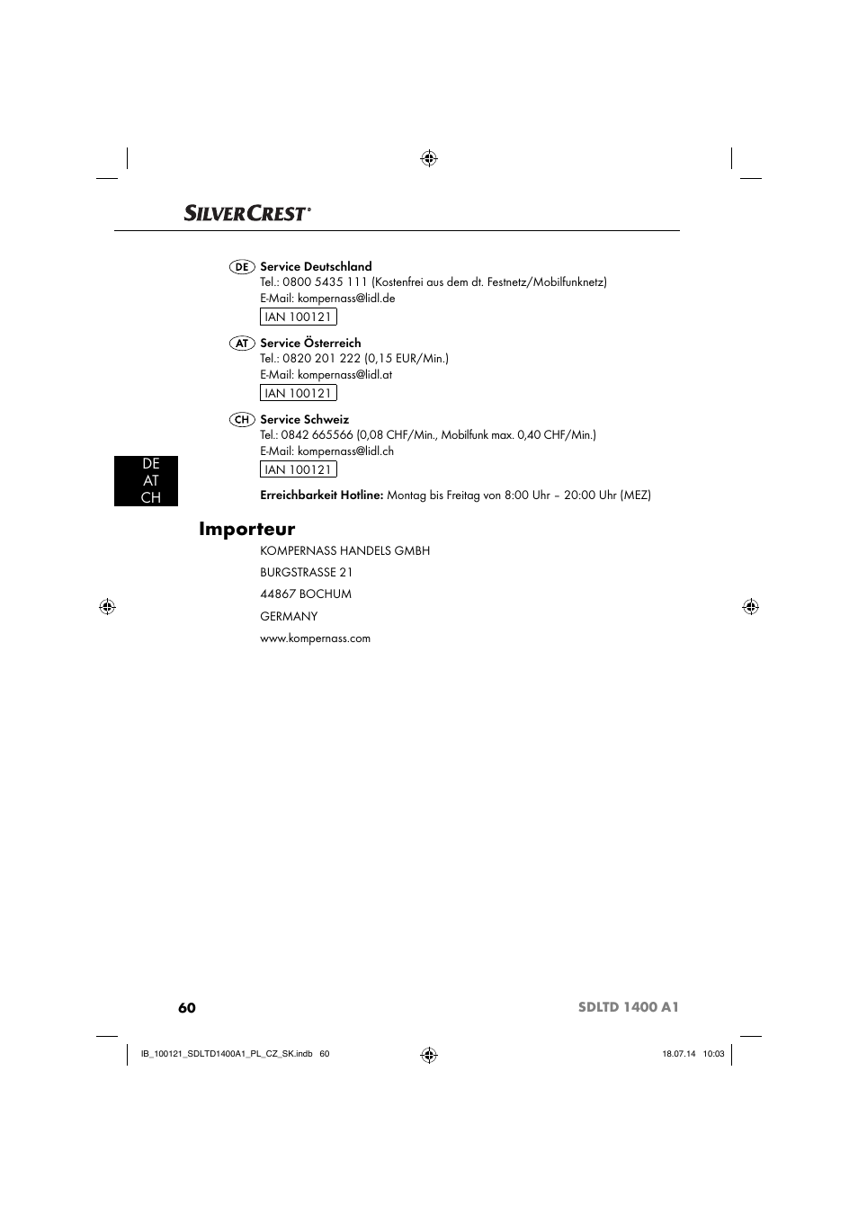 Importeur, De at ch | Silvercrest SDLTD 1400 A1 User Manual | Page 63 / 64