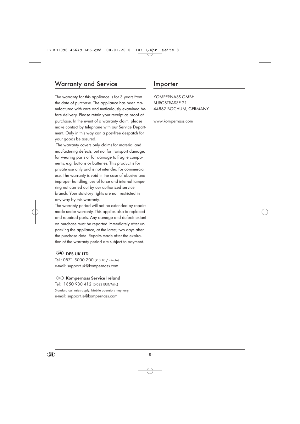 Warranty and service, Importer | Silvercrest KH 1098 User Manual | Page 10 / 10