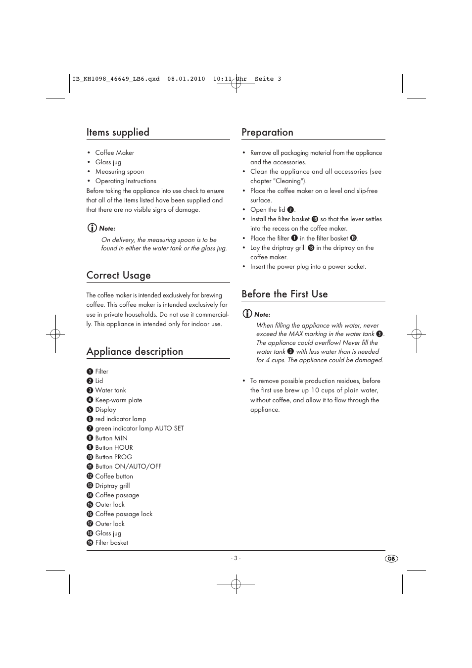 Items supplied, Correct usage, Appliance description | Preparation, Before the first use | Silvercrest KH 1098 User Manual | Page 5 / 10