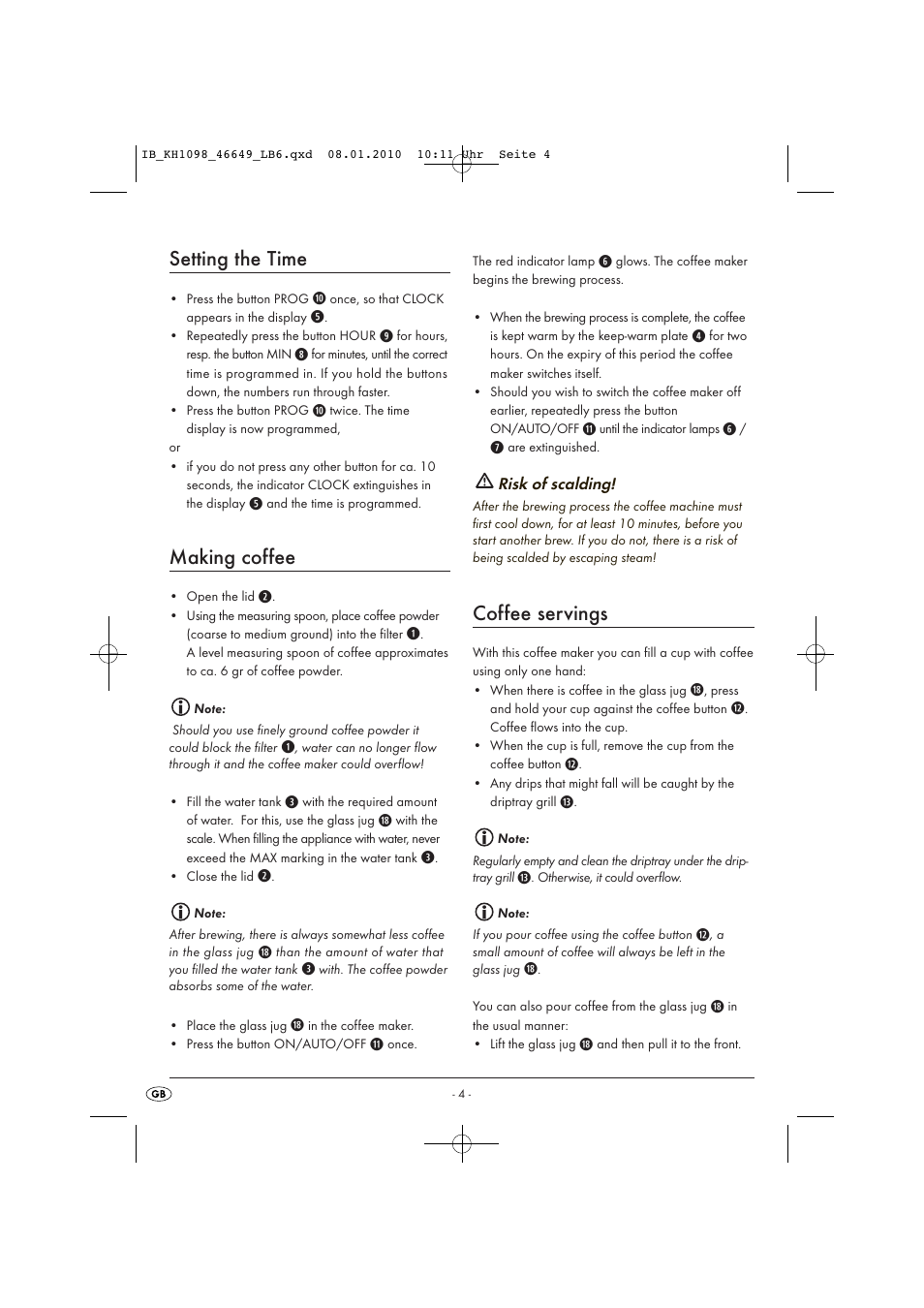 Setting the time, Making coffee, Coffee servings | Silvercrest KH 1098 User Manual | Page 6 / 10