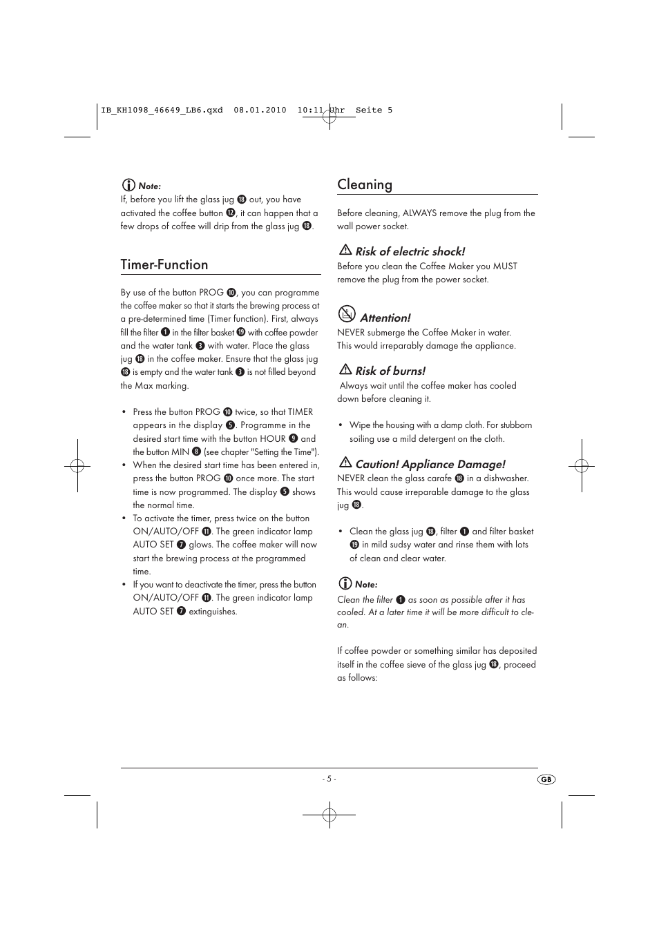 Timer-function, Cleaning | Silvercrest KH 1098 User Manual | Page 7 / 10