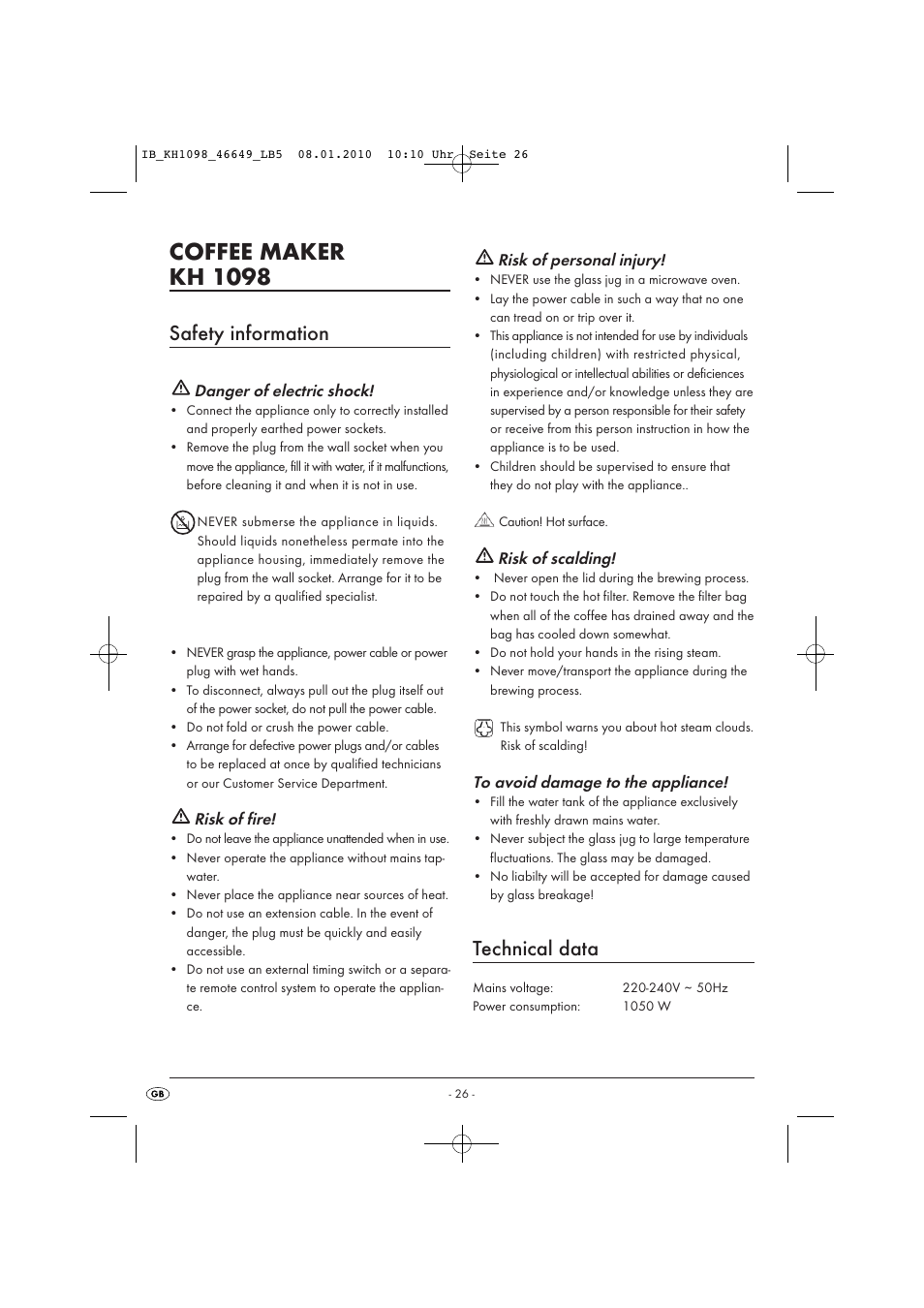 Coffee maker kh 1098, Safety information, Technical data | Danger of electric shock, Risk of fire, Risk of personal injury, Risk of scalding | Silvercrest KH 1098 User Manual | Page 28 / 42