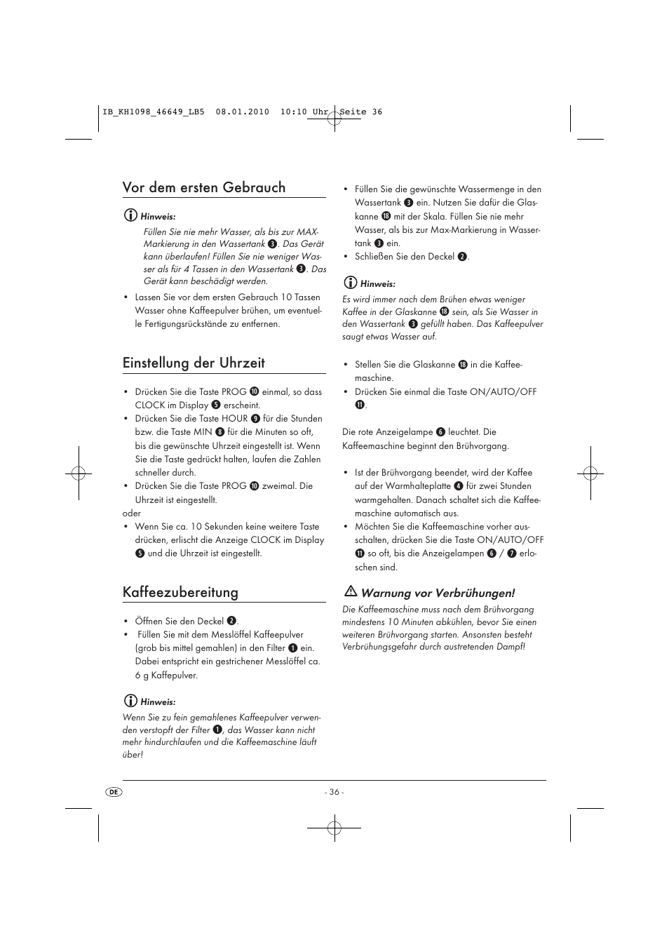 Vor dem ersten gebrauch, Einstellung der uhrzeit, Kaffeezubereitung | Silvercrest KH 1098 User Manual | Page 38 / 42