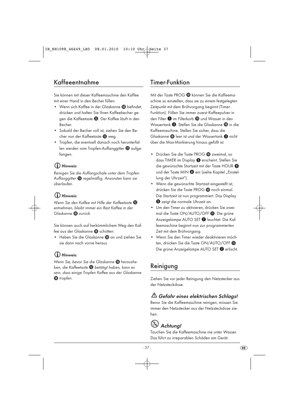 Kaffeeentnahme, Timer-funktion, Reinigung | Silvercrest KH 1098 User Manual | Page 39 / 42